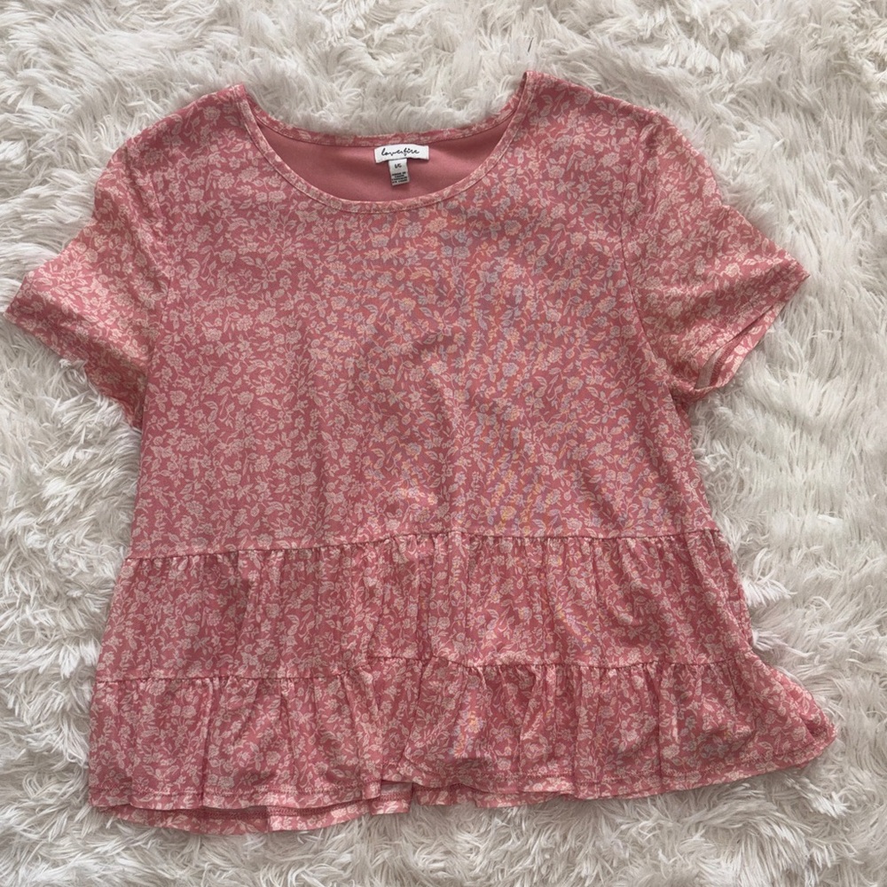 Pink Floral double lined Tiered Ruffle Short Sleeve Blouse